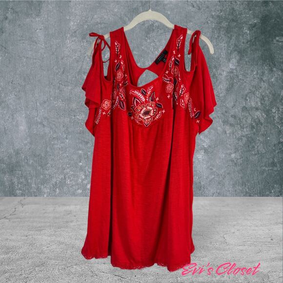 Kelly Renee Bohemian Red Embroidered Tie Cold Shoulder Peasant Tunic Blouse 3X - Picture 1 of 15